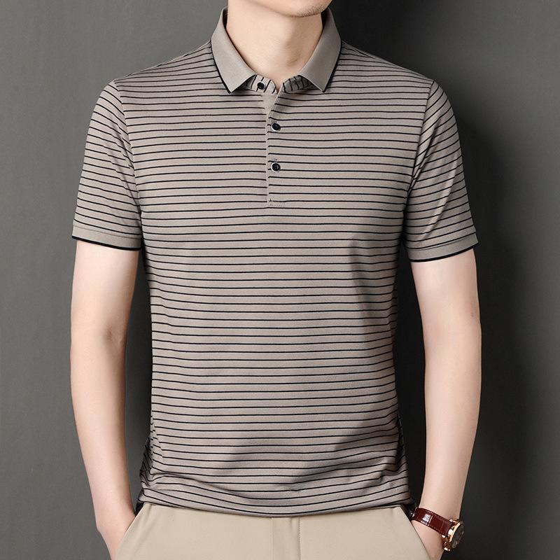 

Мужская полосатая рубашка поло с коротким рукавом, деловая повседневная футболка среднего размера с синими лацканами и коротким рукавом 3XL верблюд