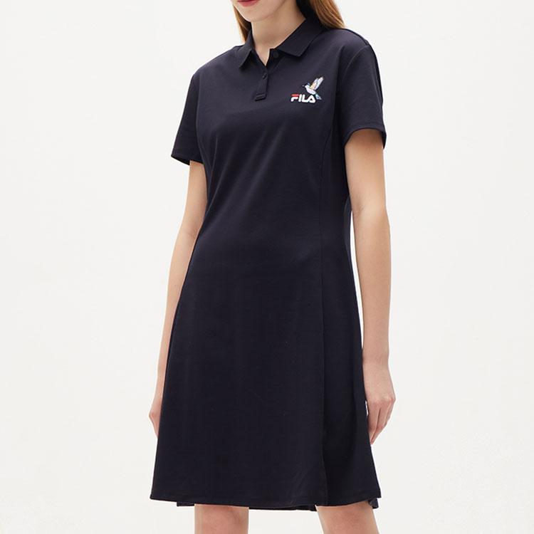 Fila Letter Brand Logo Pattern Casual Fashion Elegant A-Line Short Sleeve Dress Women Dresses Legendary-Blue F11W128310FNV