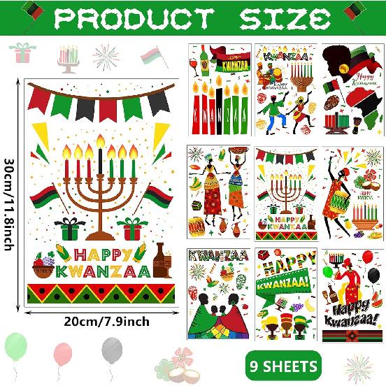 9 Pieces Kwanzaa Window Stickers Clings Kwanzaa Window Decorations Decals for Office Home Glass Door Party Decor, 11.8 x 7.9 Inches