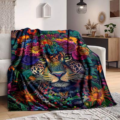 1pc Leopard Floral Print Soft & Warm Polyester Knit Blanket, Digital Printed, All-Season Throw for Napping, Traveling, Sofa Yy250906044