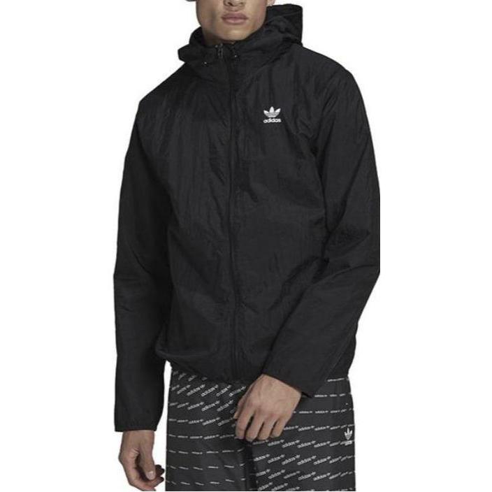Adidas Originals Trefoil Solid Logo Embroidered Zip Hoodie With Elastic Hem Men Sportswear Jacket Black H34687