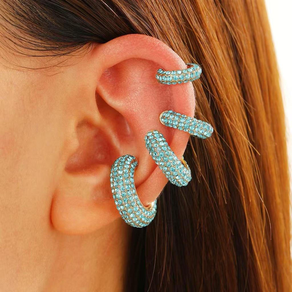 Retro Fashion C-Shaped Bling Ear Clips with Colored Diamonds - Trendy No-Pierce Earrings
