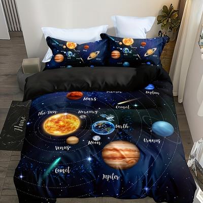 3pcs Solar Bedding Planet Star Galaxy Kids Guest Room Duvet Cover Set (1pc* Duvet Cover + 2pcs Pillowcase, No Pillow Core)