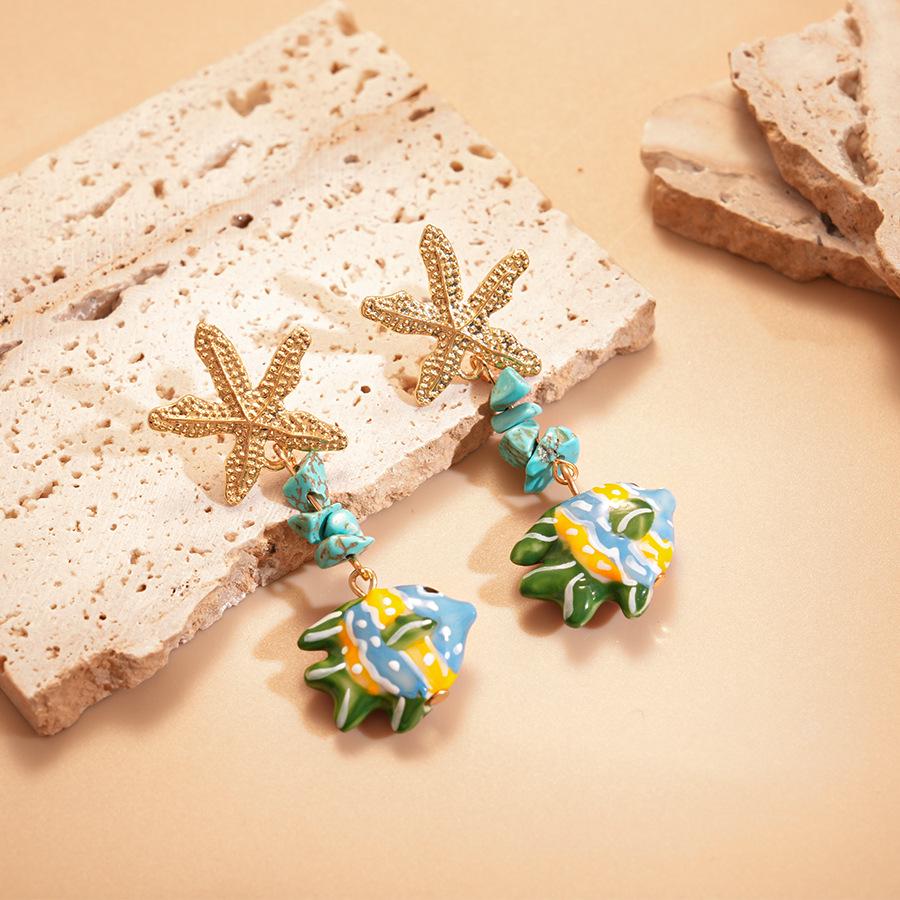 Elegant Glass Starfish & Stone Fish Earrings: High-Class Style with Steel Needles for Women