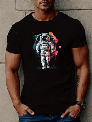 Unisex's Astronaut Moon Star Print Short Sleeve T-shirt, Crew Neck Tee Casual Clothing, Summer Holiday Gift