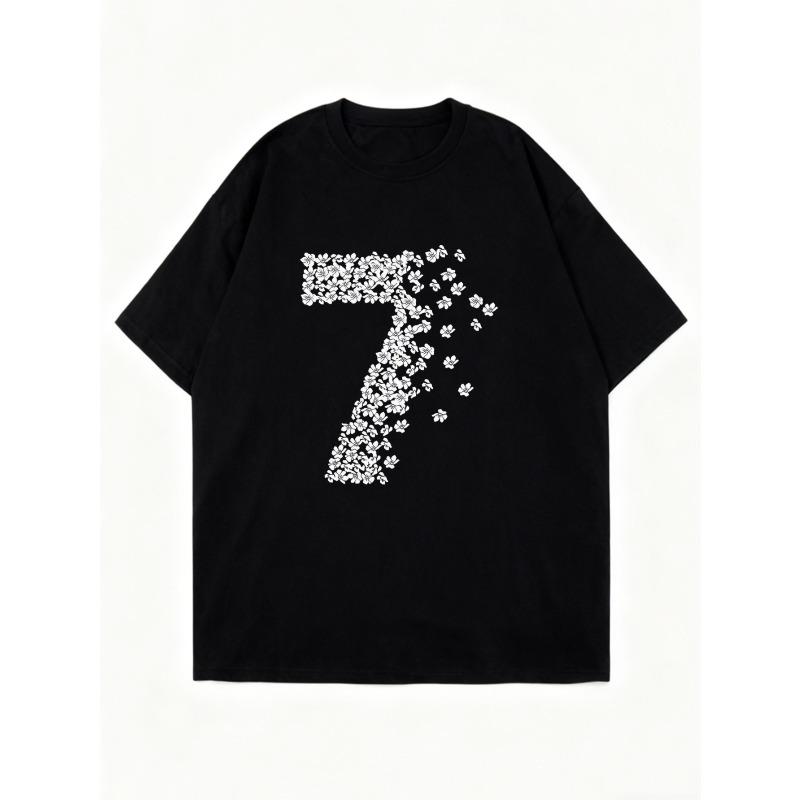 Oversized T Shirt Black Floral Number Seven Print Casual Summer Wear