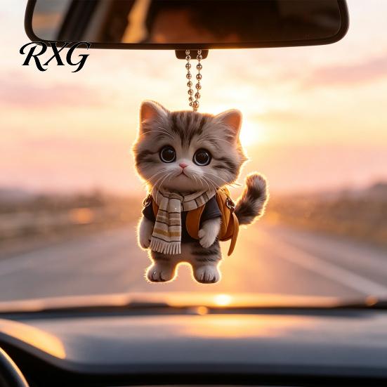 Creative Cat Gifts for Teens Acrylic Car Hanging Decor, Cute 2D Flat Rearview Mirror Healing Style Interior Decor Pendant, Kawaii Keychain Accessories
