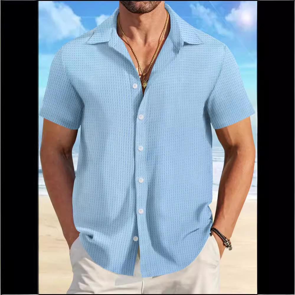Men's Fashion Summer Buttoned Top Slim Fit Business T-shirt Short Sleeve Turn Down Collar Shirt