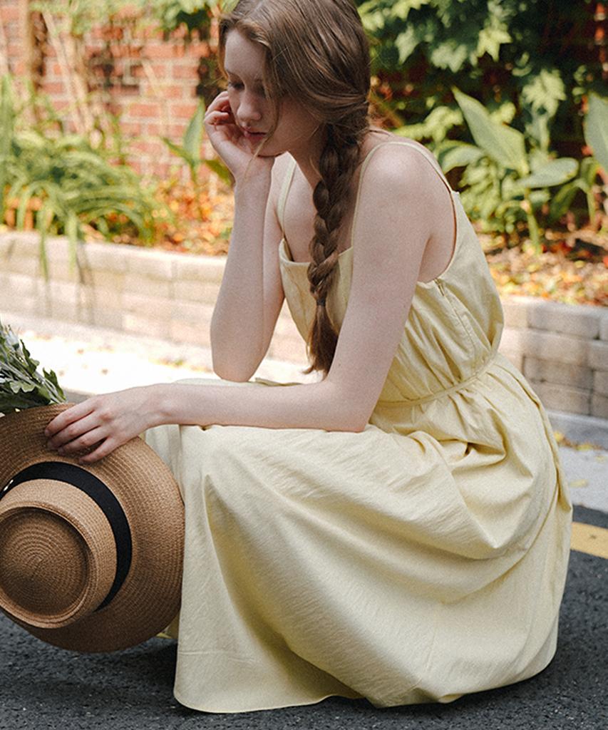 LAMINEZ Strap Pintuck Long Dress - Yellow