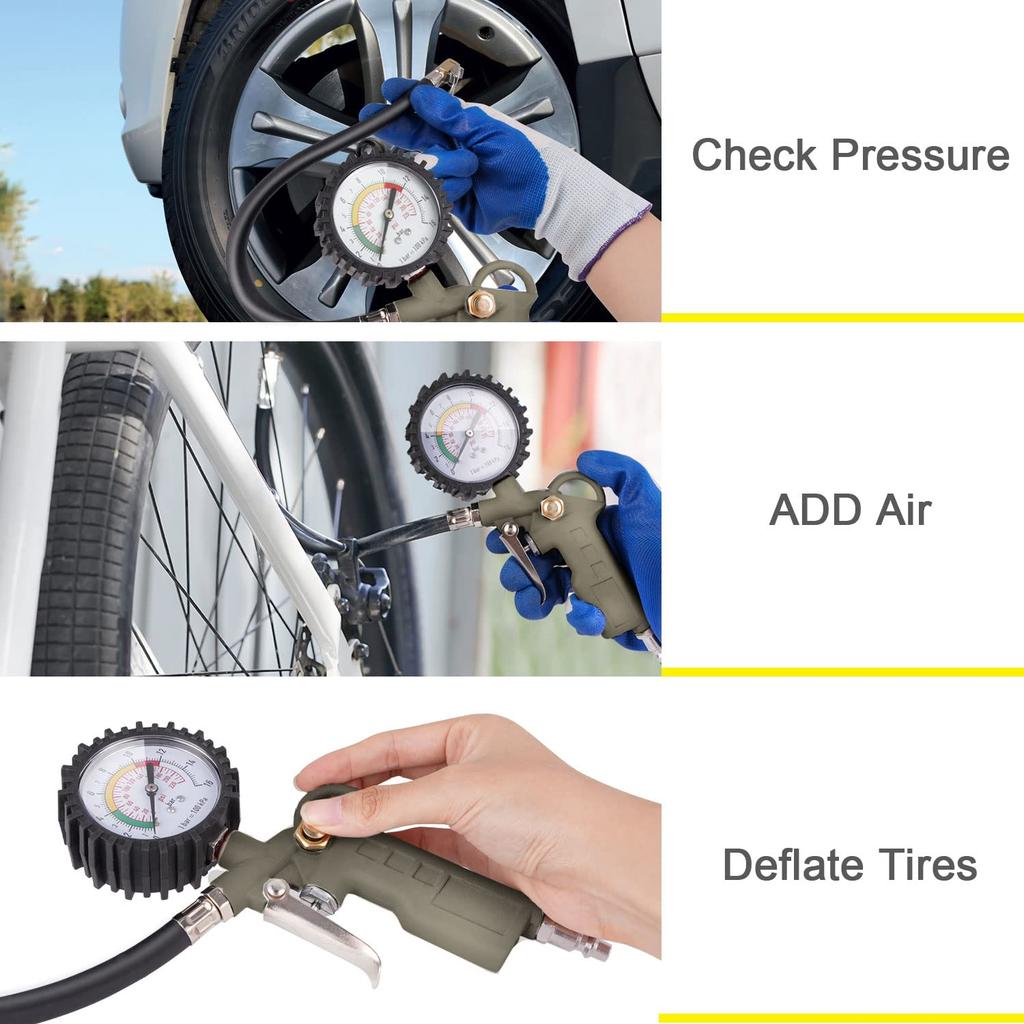 Tire Inflator With Pressure Gauge, 0-220PSI Dial Wheel Air Tire Pressure Gauge, Heavy Duty Rubber Hose With Quick Coupler, Air Compressor Tire