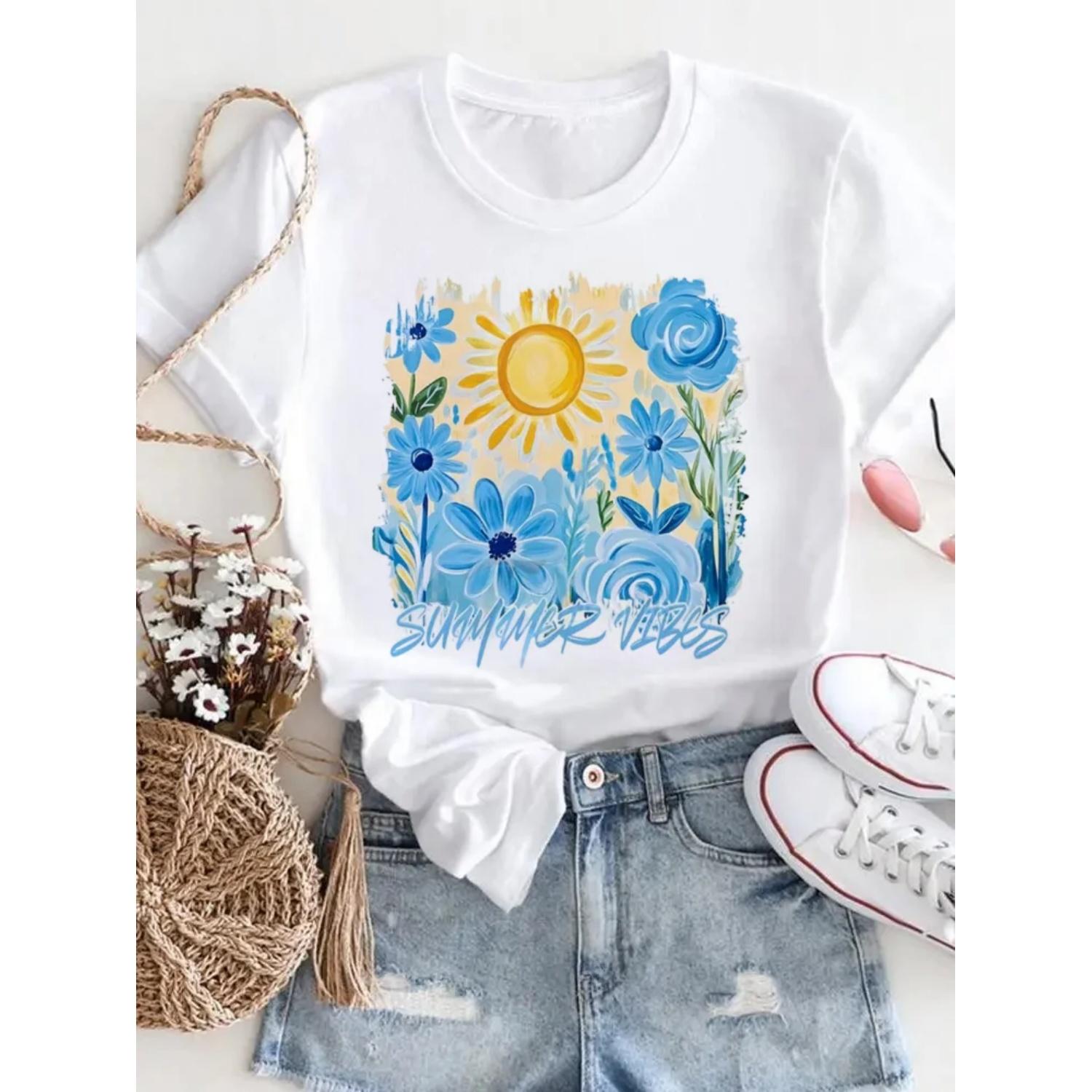 Women s Printed Casual Clothing Cute Flower Pattern Short Sleeved Regular Style Summer Fashion Printed Versatile New T-Shirt S