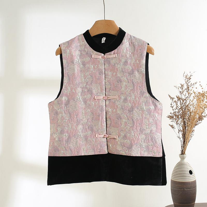 

Ранняя весна 2025 Бархатный жилет с вставками Ретро Свободный с круглым вырезом Жаккардовый топ на пуговицах XXXL [Recommended 138-75kg]