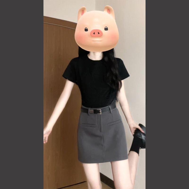 

Women s Summer Slim Fit Off-the-Shoulder Gray T-Shirt and Skirt Set L (105-115 lbs recommended)