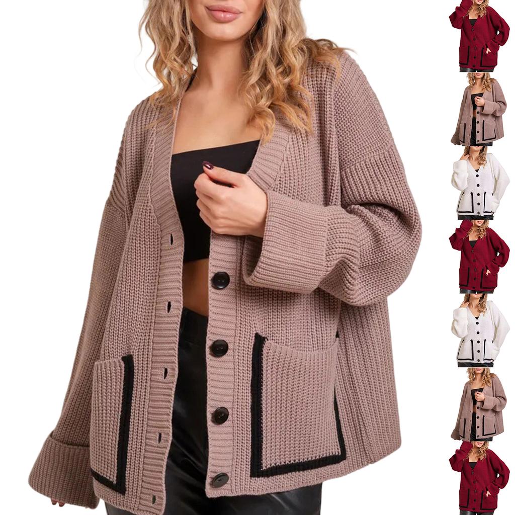 Women's Fashion Casual Fashion Contrasting Color Knitted Cardigan V-neck Long Sleeved Jacket