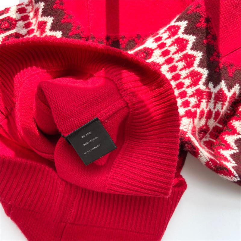 Women's Pure Cashmere Fair Isle Zip-Up Cardigan Sweater, Long Sleeve, Stand Collar, New Year Red