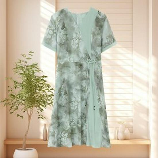

Mom s Summer Chiffon Dress: Stylish Short-Sleeve Belted Skirt for Middle-Aged & Elderly Women 4XL мятный зеленый