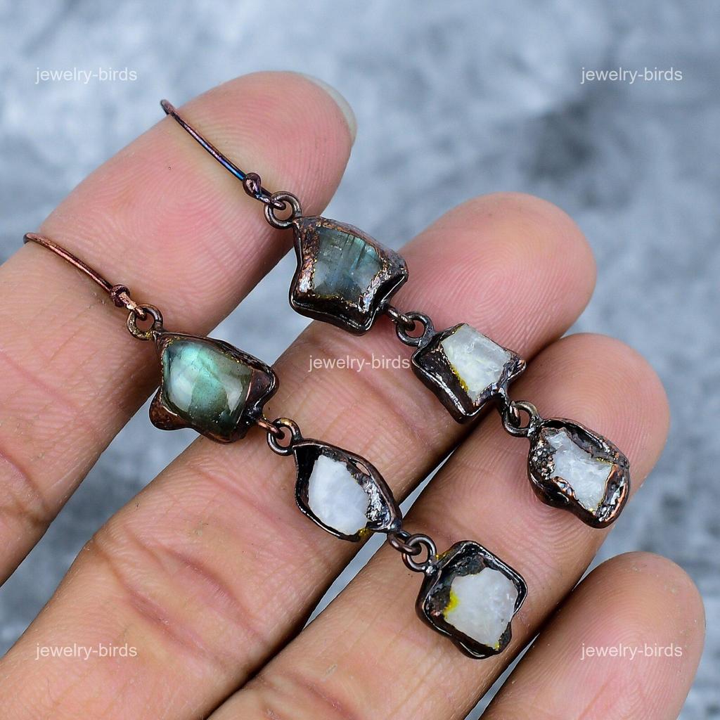 Labradorite Stone Mother Gift Electroformed Drop Dangle Earrings Jewelry Copper VP-94