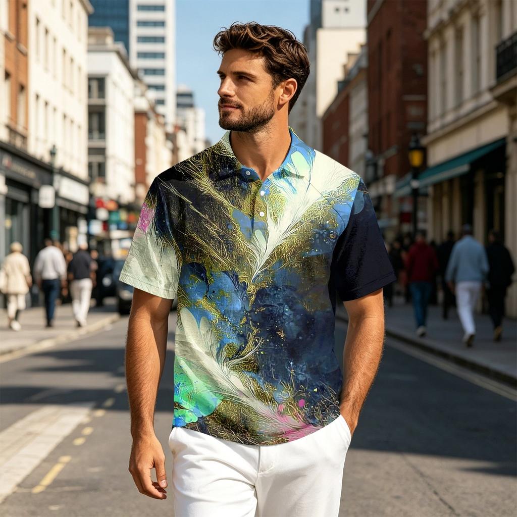 Men Short Sleeve Polo Shirt Lightweight Cotton Linen Breathable Gradient Print Casual Lapel Top for Summer Outfits