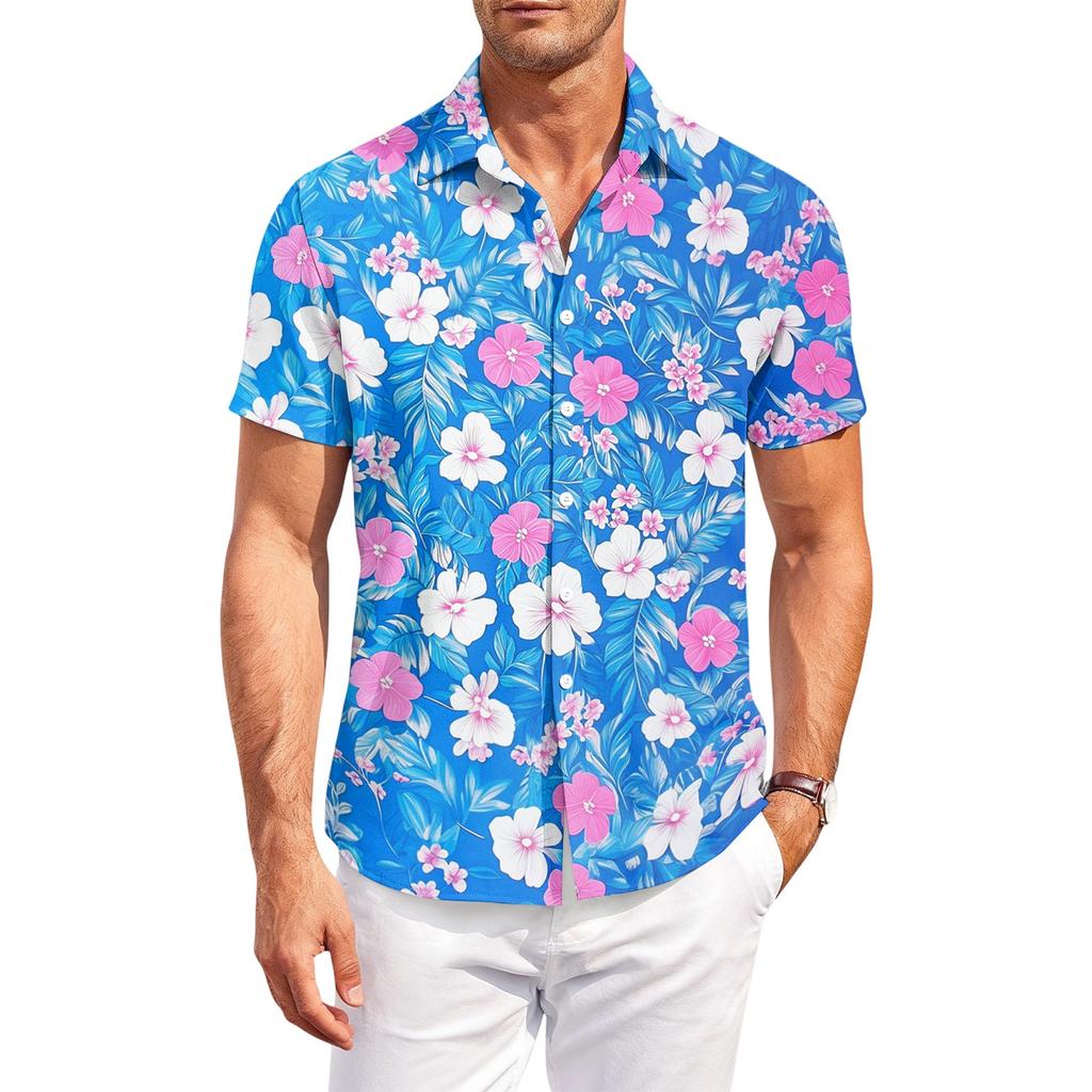 Men Short Sleeve Button Down Shirt Hawaiian Floral Print Collared Casual Outdoor Relaxed Fit Lightweight Top