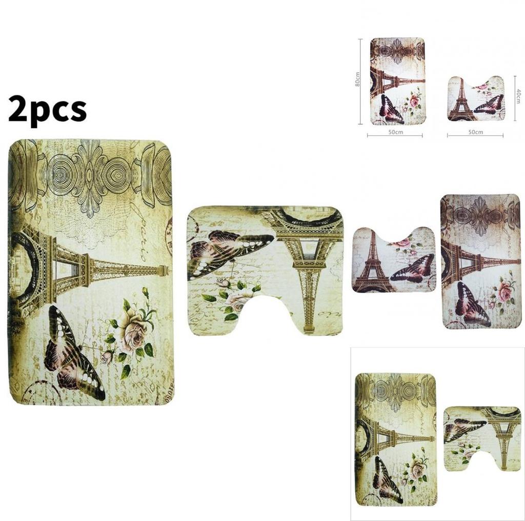 Butterfly Tower Bath Mat Set Polyester Non Slip Absorbent Rug For Bathroom Decor