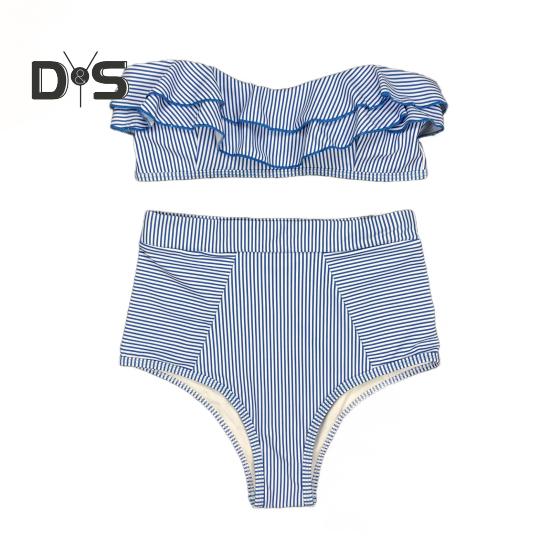 

Женский комплект бикини из 2 предметов с оборками, бюстгальтер-бандо с подкладкой и высокой талией, комплект трусов с полосатым принтом, пляжная одежда XL синий