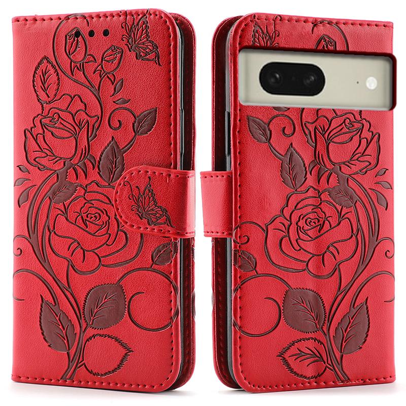 

For Google Pixel 8 Case Wallet Stand Imprinted Rose Butterfly PU Leather Phone Cover Red