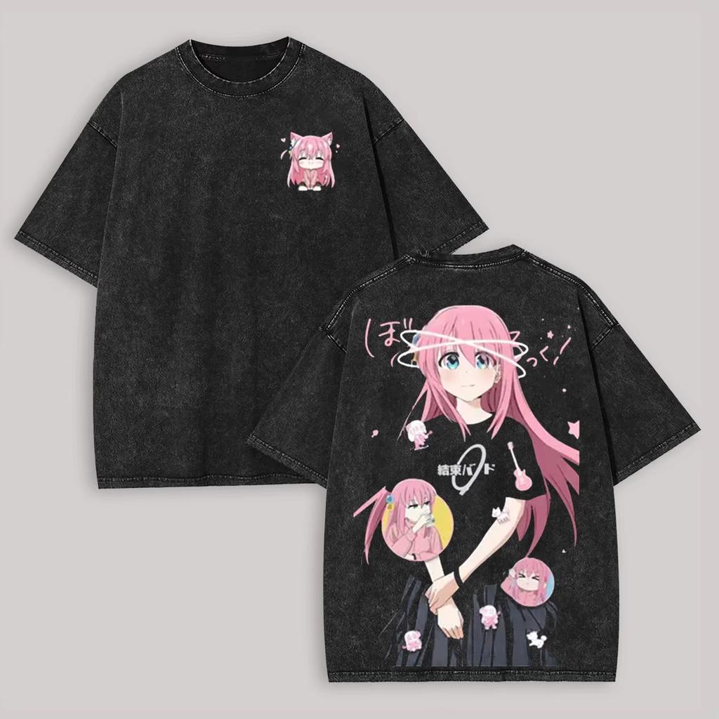 Unisex Soft Vintage Street Trendy Washed T-Shirt With Bocchi the Rock Gotoh Hitori Print, Stylish Apparel Suitable For All Seasons