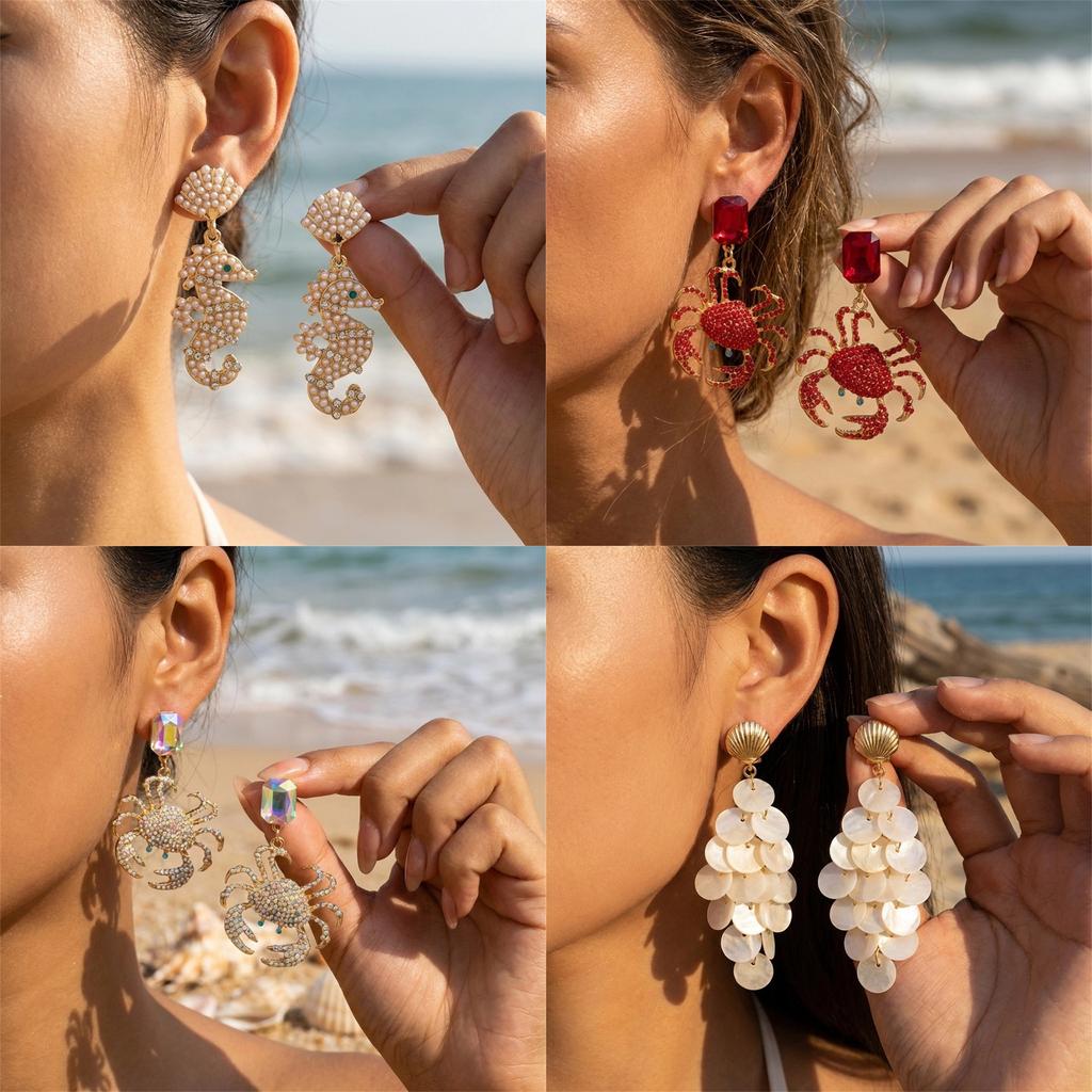 Neue Urlaubs-Strand-Ohrringe, bunter Keramik-Oktopus, Perlen, kleiner Fisch, voller Diamanten, Krabbenohrringe