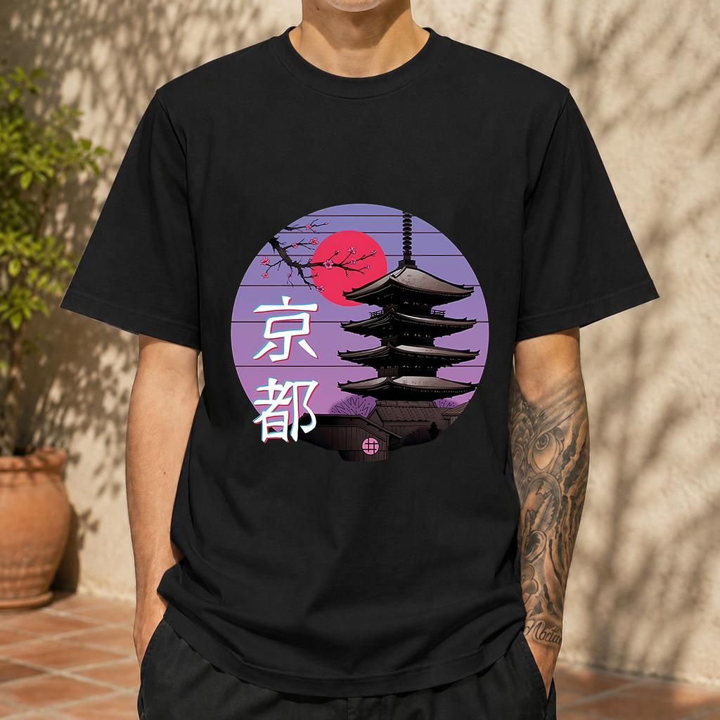 2026 New Cotton Tshirt Japanese Kyoto Fivestory Pagoda Cherry Blossom Sunset Retro Japanese Style Printed Round Neck Top Casua