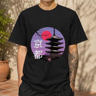 2026 New Cotton Tshirt Japanese Kyoto Fivestory Pagoda Cherry Blossom Sunset Retro Japanese Style Printed Round Neck Top Casua