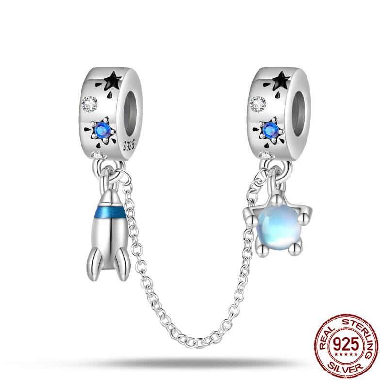 Original 100% 925 Silver Star Moon Safety Chain Fit 925 Original Bracelet & 3mm Bracelet DIY Jewelry Making Women Gift