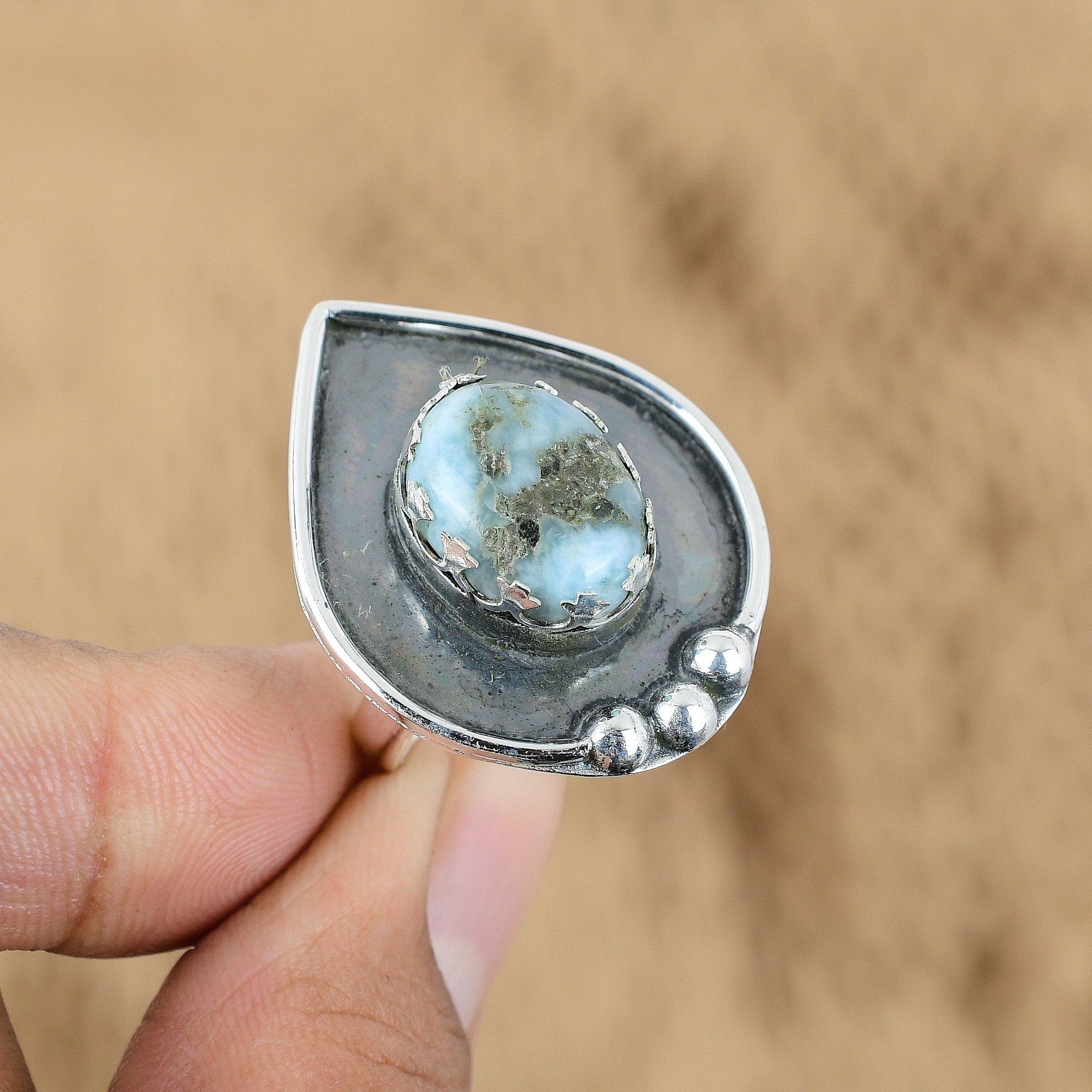 

Natural Larimar Gemstone 925 Silver Multi Stone Adjustable Ring For Girls Yes
