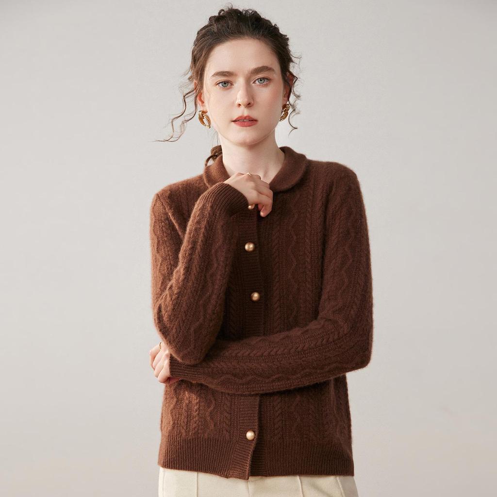 Korean Style Loose Cashmere Cable Knit Polo Collar Cardigan for Women