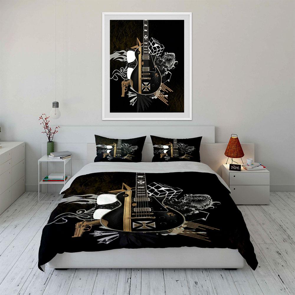 Rock Style Guitar Decor Set Multiple Sizes Kid'S And Adults' Bedroom Exquisite 3Pc Bedding Set, Gift