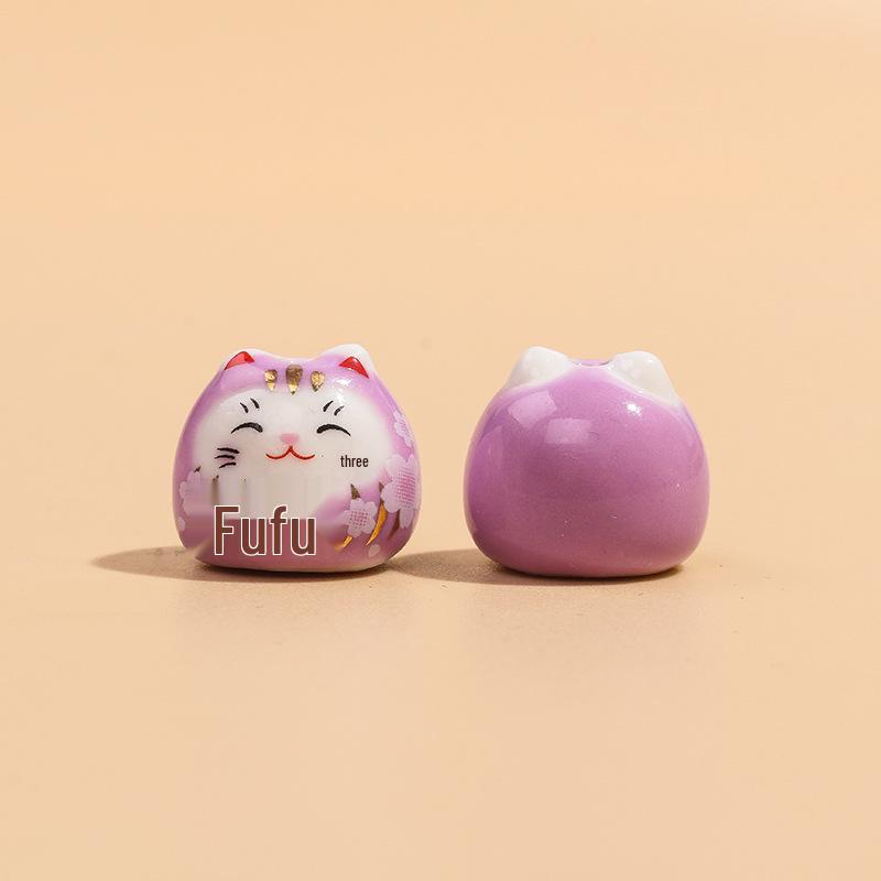 Ceramic Lucky Cat DIY Bracelet Pendant - Vertical Hole Beaded Charm Daruma Cat Accessories