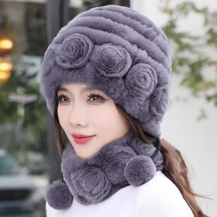 Rex Rabbit Hair Hat Scarf Two-piece Set Women's Winter In The Elderly Mother Grandma Winter Fur Scarf Cover