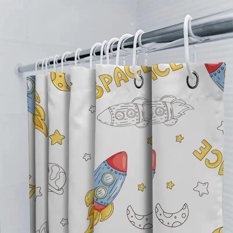 Space-Themed Shower Curtain Set Featuring Rockets And Planets For Kids' Bathrooms White Background With Colorful Designs