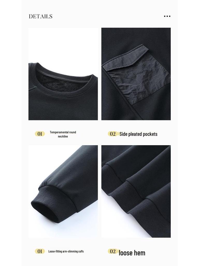 Plus Size Fleece-Lined Casual Loose Sweatshirt with Pockets - Slimming Long Sleeve Top for Middle-Aged Women