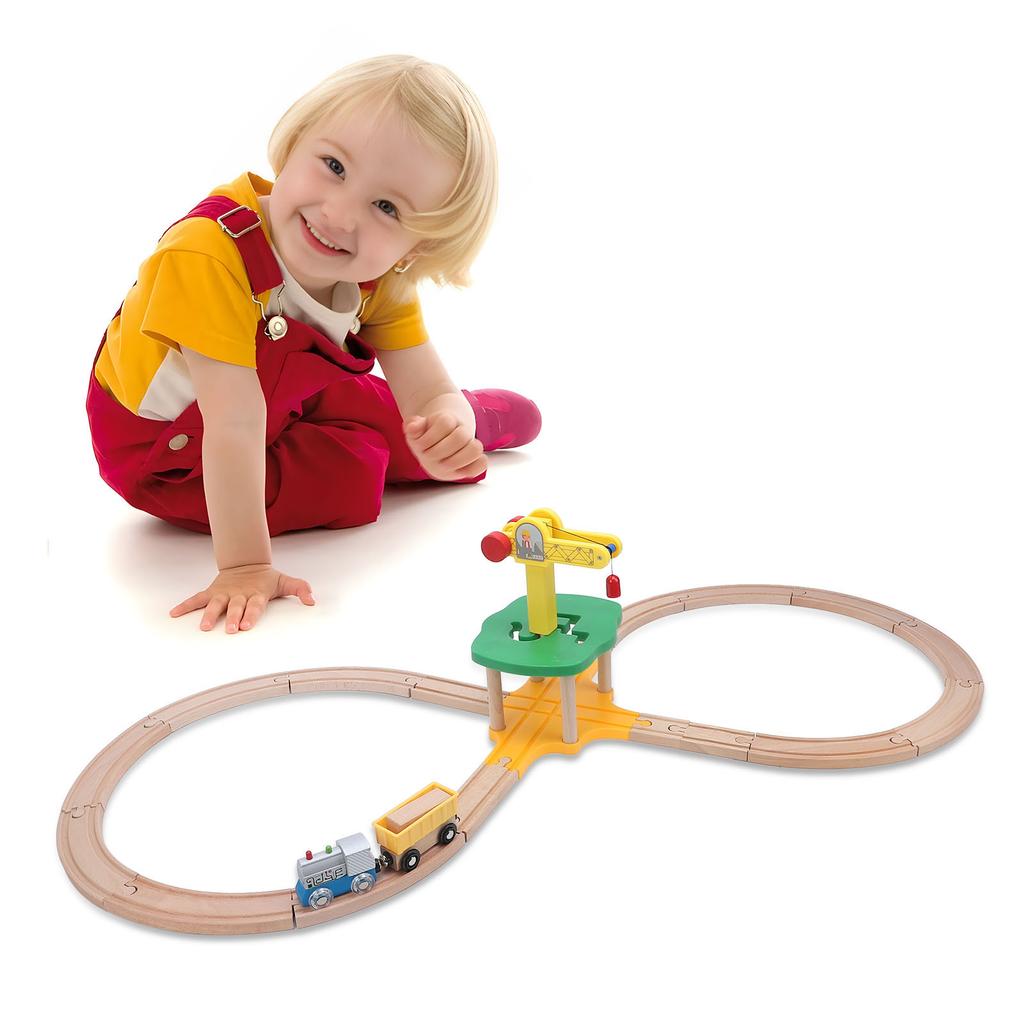 Tower Crane Wooden Train Track Set with Straight Curved Tracks Building Blocks Wooden Railway Set Ex
