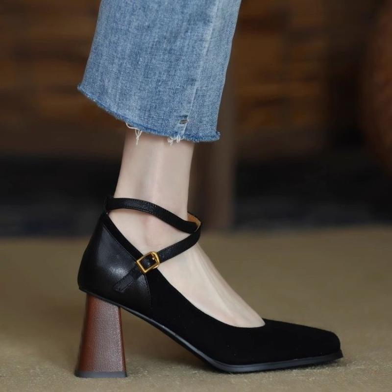 

Fashion New style women s high heels abrasive leather retro stitched square head chunky heel cross-buckle Mary Jane single shoes traf 34 чёрный