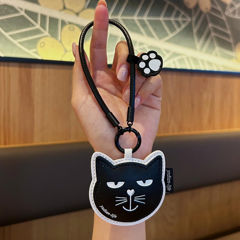 Customizable Black Cat Leather Keychain – Personalized Bag Accessories with Logo Options