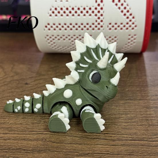 Small Dinosaur Model 3D Printed Three-Horned Figurine with Articulated Joints, Green White Desk Toy Display Cabinet Textured Spikes, Mini Collectible
