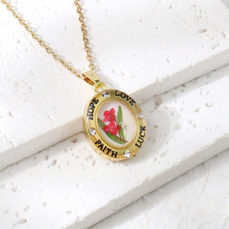 Elegant Oval Pendant Necklace With Real Preserved Rose Flower Women Sweet Romantic Jewelry Valentines Day Gift