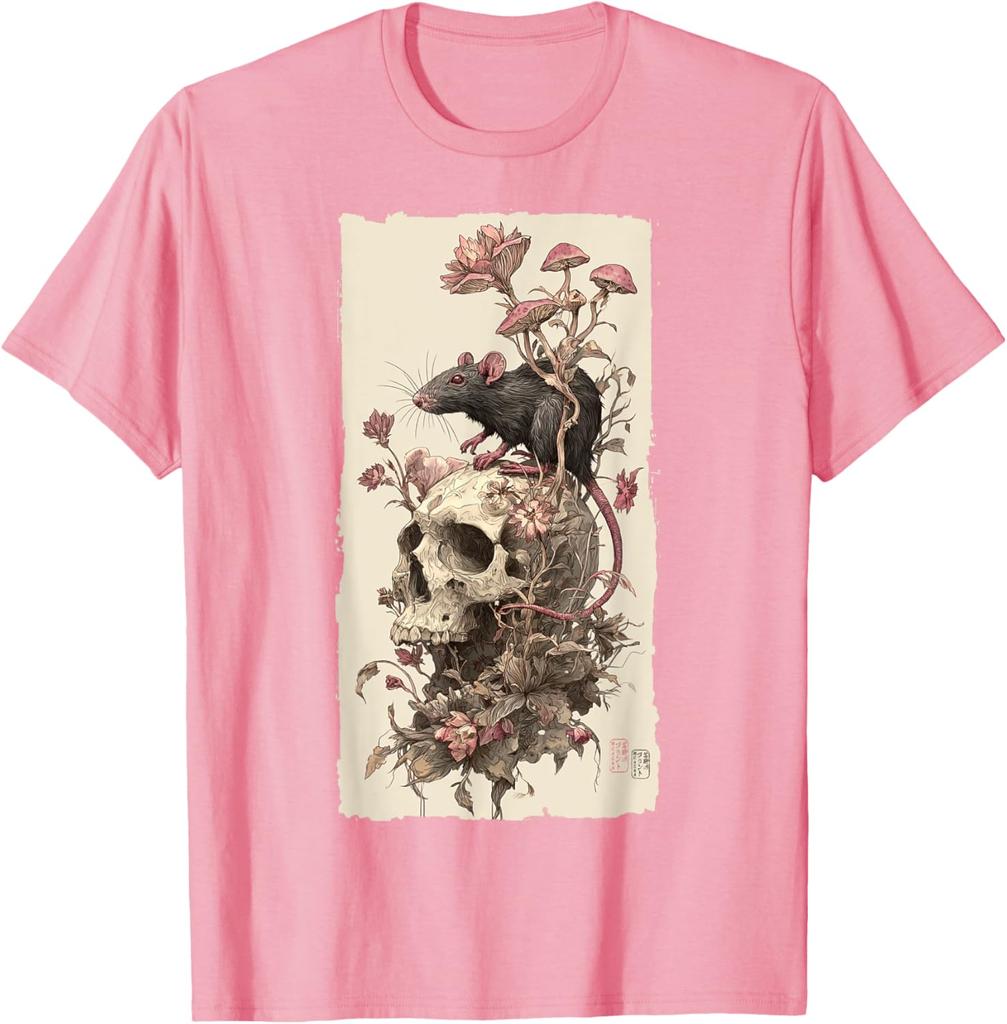 Gothic Rat Skull Mushroom Print Mens Casual Cotton Graphic Tee Soft Breathable TShirt