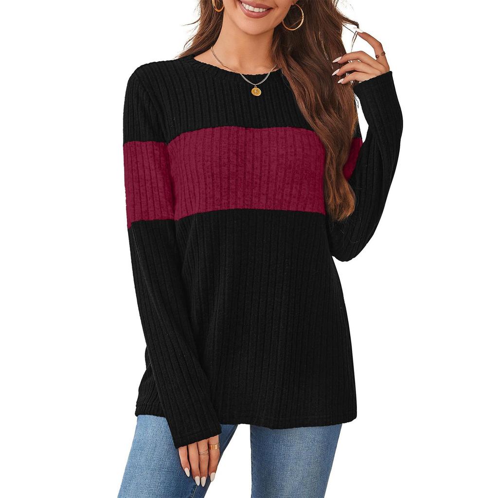Women's Sweater Fashion Ribbed Color Block Top Long Sleeve Round Neck T-shirt
