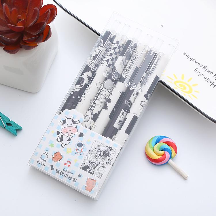 6-Piece Boxed Gel Pens - Cute, Press-Type, Water-Based Click Pens for Students and Office Use