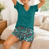 Women Two Piece Set V Neck Short Sleeve Top and Elastic Waist Drawstring Shorts Casual Lounge Wear Summer Pajama Set