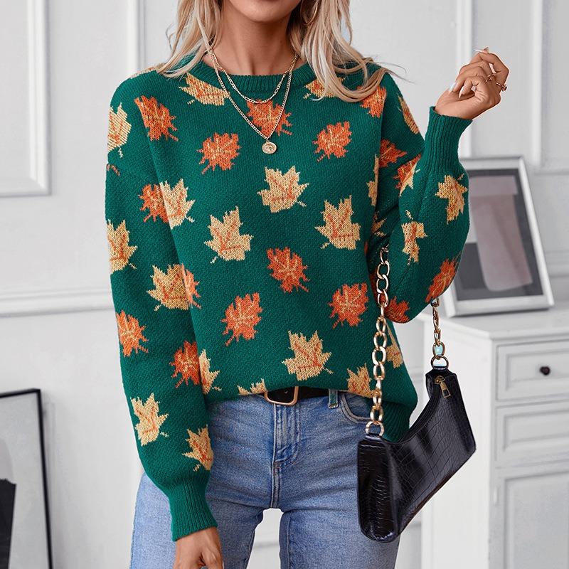 Jacquard-Pullover mit Rundhalsausschnitt, Ahornblatt-Muster, lässiger Pullover, lockere Strickwaren, dick, warm, Pendeln, Harajuku, langärmeliges Unterhemd, Herbst/Winter