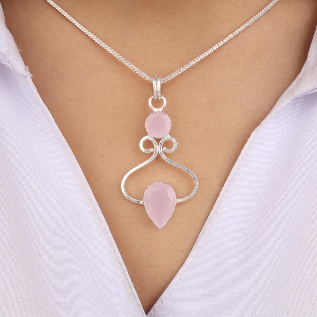Rose Chalcedony Gemstone 925 Sterling Silver Handcrafted Jewelry Pendant 1.60" For Gift PP-13-15