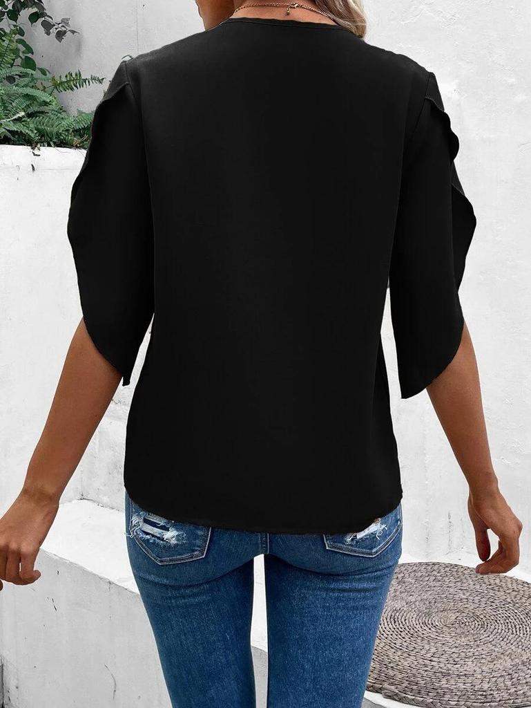 2026 Summer New Solid Color Lace V-Neck Flare Sleeve Loose Women's Top